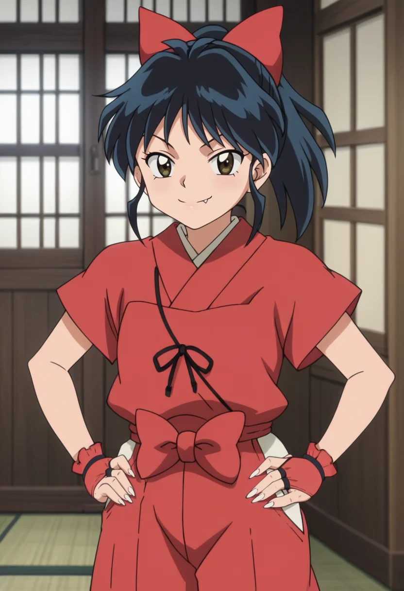 source_anime,anime screencap, anime coloring,intricate details,rating_safe, masterpiece, best quality,
(best quality, absurd res, ultra detailed),,(4 finger:0.5),1girl, ((solo)), good eyes,perfect eyes,,detailed eyes, zPDXLxxx , zPDXL3,detailed, detailed face
BREAK
solo,indoors,standing,front view,hands on hips,
moroha, brown eyes, black hair, hair bow, ponytail, japanese clothes, fingerless gloves, toeless legwear, fang, sharp fingernails,
smug,
, <lora:add-detail-xl:2> <lora:Moroha_Inuyasha_-_Yashahime:0.8>