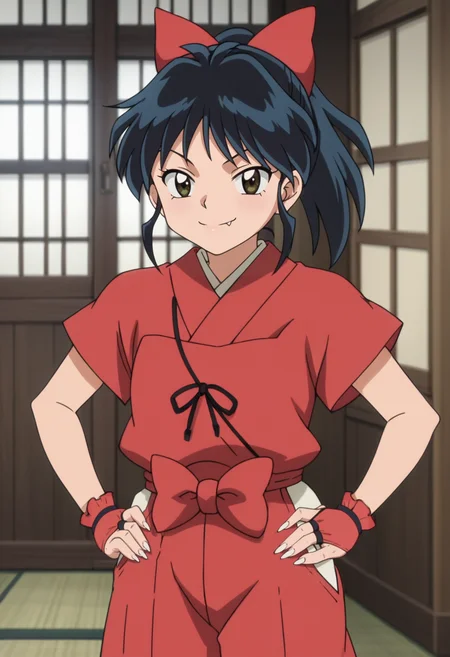 source_anime,anime screencap, anime coloring,intricate details,rating_safe, masterpiece, best quality,
(best quality, absurd res, ultra detailed),,(4 finger:0.5),1girl, ((solo)), good eyes,perfect eyes,,detailed eyes, zPDXLxxx , zPDXL3,detailed, detailed face
BREAK
solo,indoors,standing,front view,hands on hips,
moroha, brown eyes, black hair, hair bow, ponytail, japanese clothes, fingerless gloves, toeless legwear, fang, sharp fingernails,
smug,
, <lora:add-detail-xl:2> <lora:Moroha_Inuyasha_-_Yashahime:0.8>