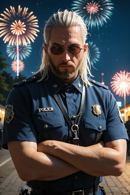 g3r4lt, score_9, score_8_up, score_7_up, 1boy, solo, policeman, sunglasses, dutch angle, crossed arms, dramatic light, fireworks, night sky, manga, <lora:g3r4lt:1.0>