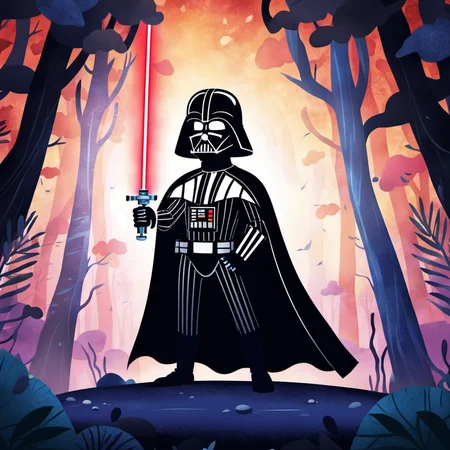 Children's Illustration Style,Darth Vader holding a lightsaber.
cinematic photo, 4k, highly detailed, uhd image, intricate details, detailed scene background, detailed, 8k, trending, amazing art, colorful,