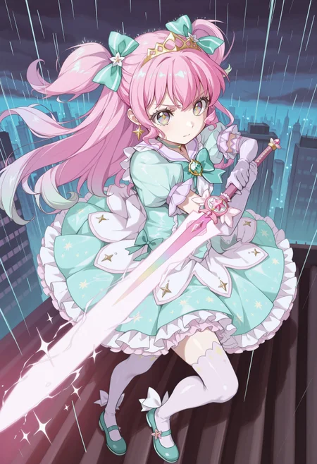 furofuroppi, 1girl, rainbow eyes, pink hair, long sidelocks, two side up, long hair, multicolored hair, gradient hair, aqua tips, masterpiece, best quality, absurdres,
(pastel colors, pastel blue, pastel pink, pastel green, pastel purple, pastel rainbow), pastel blue magical girl, padded magical girl dress, kawaii, frilled skirt, thighhighs, pastel aqua dress, multilayered dress, tutu, petticoat, padded dress, puffy short sleeves, elbow gloves, gold tiara, gem brooch, large bow, ribbons, lace trim, frills, latex, shiny clothes, sparkles, glitter, star earrings, rainbow accessories, jewelry, frilled mary janes,
lipgloss, eyelashes, light blush, light makeup,
outdoors, city, night, overcast, rain, on rooftop,
solo, fighting stance, serious, (sword guard stance), two-handed, holding sword, energy sword, huge weapon,
intricate, highly detailed, majestic, shallow depth of field, movie still, circular polarizer