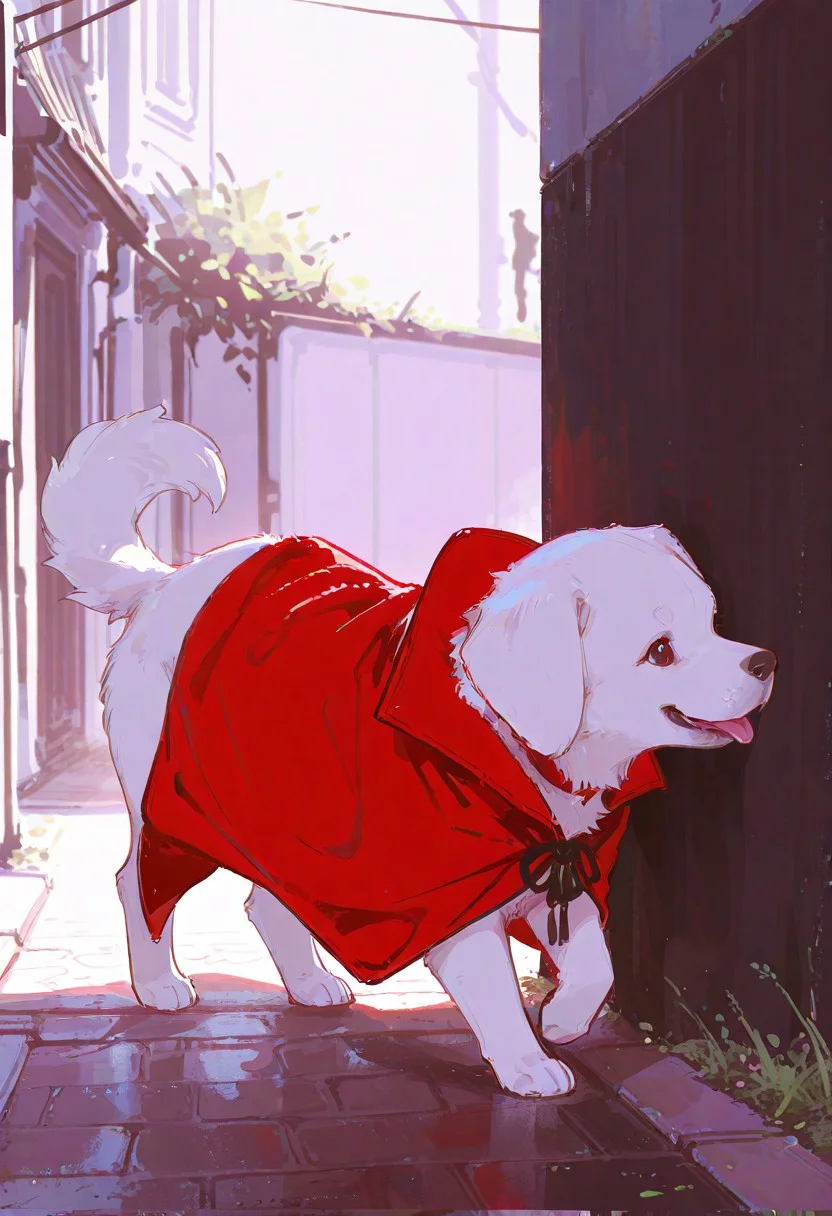 masterpiece, best quality, amazing quality, flat colors, high detailed, high quality, high resolution, 4k , male, puppy, solo, feral, walking, red cape, in street corner, all fours happy side view, white fur, young, portrait