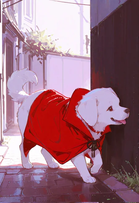 masterpiece, best quality, amazing quality, flat colors, high detailed, high quality, high resolution, 4k , male, puppy, solo, feral, walking, red cape, in street corner, all fours happy side view, white fur, young, portrait
