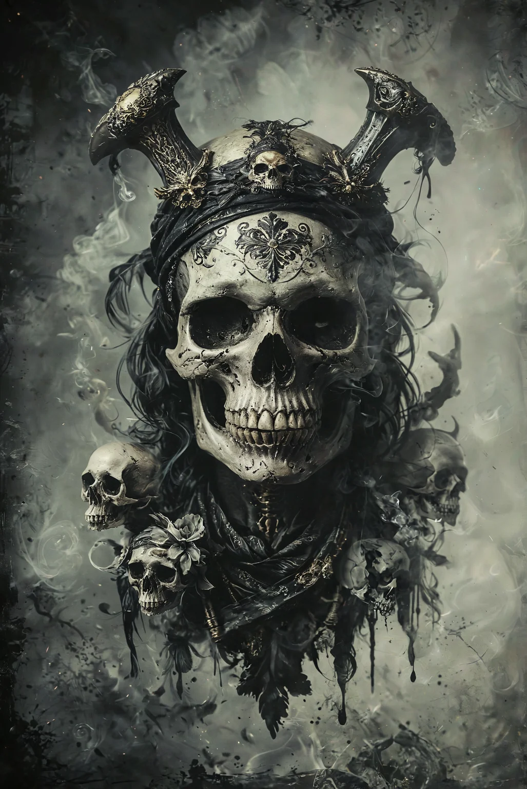 A beautifully ornate 2D skull emblem. The skull is adorned with intricate, swirling patterns and detailed embellishments. Encircling the skull is an elegant, decorative ring. Behind the skull, two crossed sabers add a touch of pirate flair. The skull wears a bandana, adding to its menacing look, and clenched between its teeth is a thick cigar, with wisps of smoke curling upwards. The entire design should be richly detailed, with attention paid to the textures and intricacies of the patterns and elements. gold details
<lora:add-detail-xl:2> <lora:MJ52:0.5> <lora:CBS_novuschroma37 style_b:1> novuschroma37 style