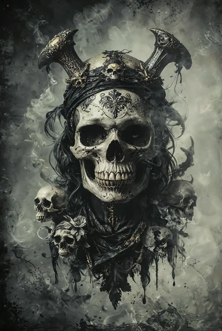 A beautifully ornate 2D skull emblem. The skull is adorned with intricate, swirling patterns and detailed embellishments. Encircling the skull is an elegant, decorative ring. Behind the skull, two crossed sabers add a touch of pirate flair. The skull wears a bandana, adding to its menacing look, and clenched between its teeth is a thick cigar, with wisps of smoke curling upwards. The entire design should be richly detailed, with attention paid to the textures and intricacies of the patterns and elements. gold details
<lora:add-detail-xl:2> <lora:MJ52:0.5> <lora:CBS_novuschroma37 style_b:1> novuschroma37 style