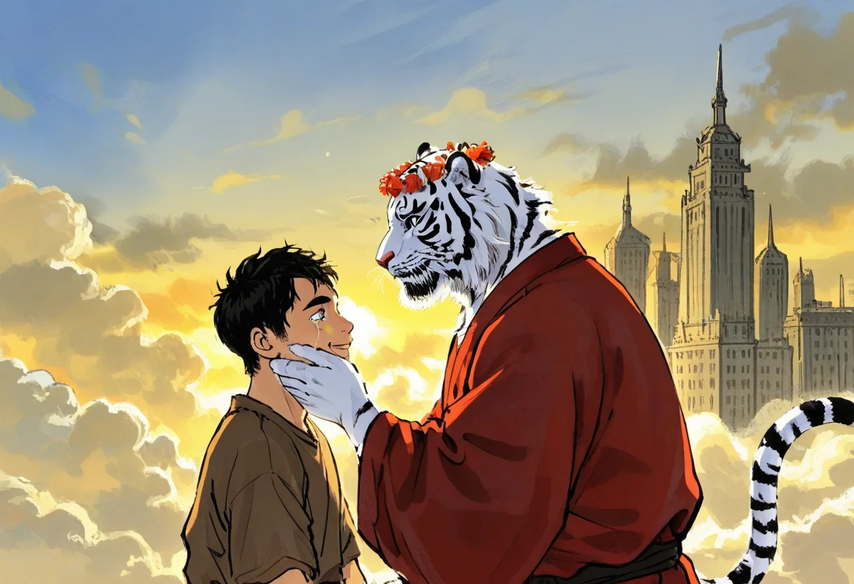 2boys, furry and human, age difference, (upper body:2.0), smile, from side, hand on another's face, dutch angle, on one knee, above clouds, tears, male focus, serious,
BREAK
white tiger, thick mustache, red robe, brown shirt, feet out of frame, white hair, old, chinese mythology, large pectorals,
thick arms, beard, long sideburns, thick eyebrows, plump, whiskers, head wreath,
BREAK
cloudy sky, above clouds, skyscraper, sunset,
BREAK
20-yo boy, (young boy:0.3), hairless boy, skinny boy, boy with black short hair, handsome boy,
BREAK
very awa, masterpiece, best quality, absurdres, newest, perfect quality, detailed background, intricate details, <lora:Ink_wash_painting_style_v1.5:1>