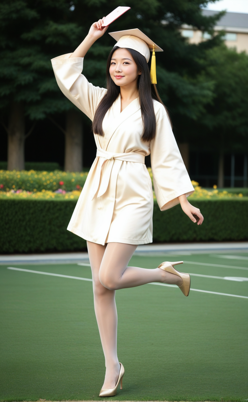 masterpiece,best quality,full body,high quality,highly detailed,hongdichaotian,<lora:hongdichaotian:0.6>,tan GlossyPantyhose,realistic,photo,highres,absurdres,beige high heels,1asian girl,graduation robe and cap,university,jumping,lawn,<lora:GlossyPantyhose:0.8>,