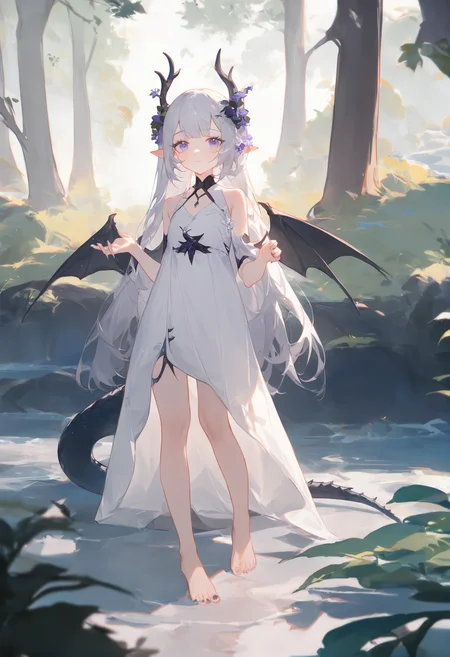 1girl,
ciloranko, maccha \(mochancc\), lobelia \(saclia\), migolu, ask \(askzy\), wanke, (jiu ye sang:1.1), (rumoon:0.9), (mizumi zumi:1.1),
1o1i, solo, dragon girl, dragon tail, dragon wings, dragon horns, white dress, long hair, side up, river, tree, forest, pointy ears, (close-up:1.2),
masterpiece, newest, absurdres, safe