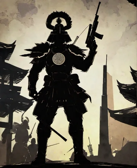 <lora:niohstorytelling-step00000400:0.9>,niohstorytell,silhouete of warrior with a rifle,building in the background