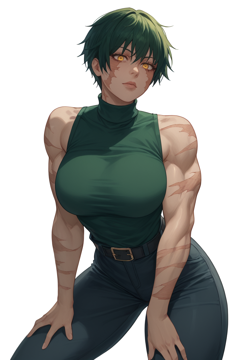 score_9,score_8_up,score_7_up,score_6_up <lora:maki zenin pdxl goofy:1>maki zenin,1girl, arm support, belt, biceps, black footwear, black hair,green hair, black shirt, breasts, yellow eyes, hand on own thigh, large breasts, leaning forward, looking at viewer, muscular, muscular female, scar, shirt, short hair, simple background, sleeveless, turtleneck, white background