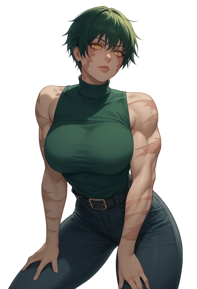 score_9,score_8_up,score_7_up,score_6_up <lora:maki zenin pdxl goofy:1>maki zenin,1girl, arm support, belt, biceps, black footwear, black hair,green hair, black shirt, breasts, yellow eyes, hand on own thigh, large breasts, leaning forward, looking at viewer, muscular, muscular female, scar, shirt, short hair, simple background, sleeveless, turtleneck, white background