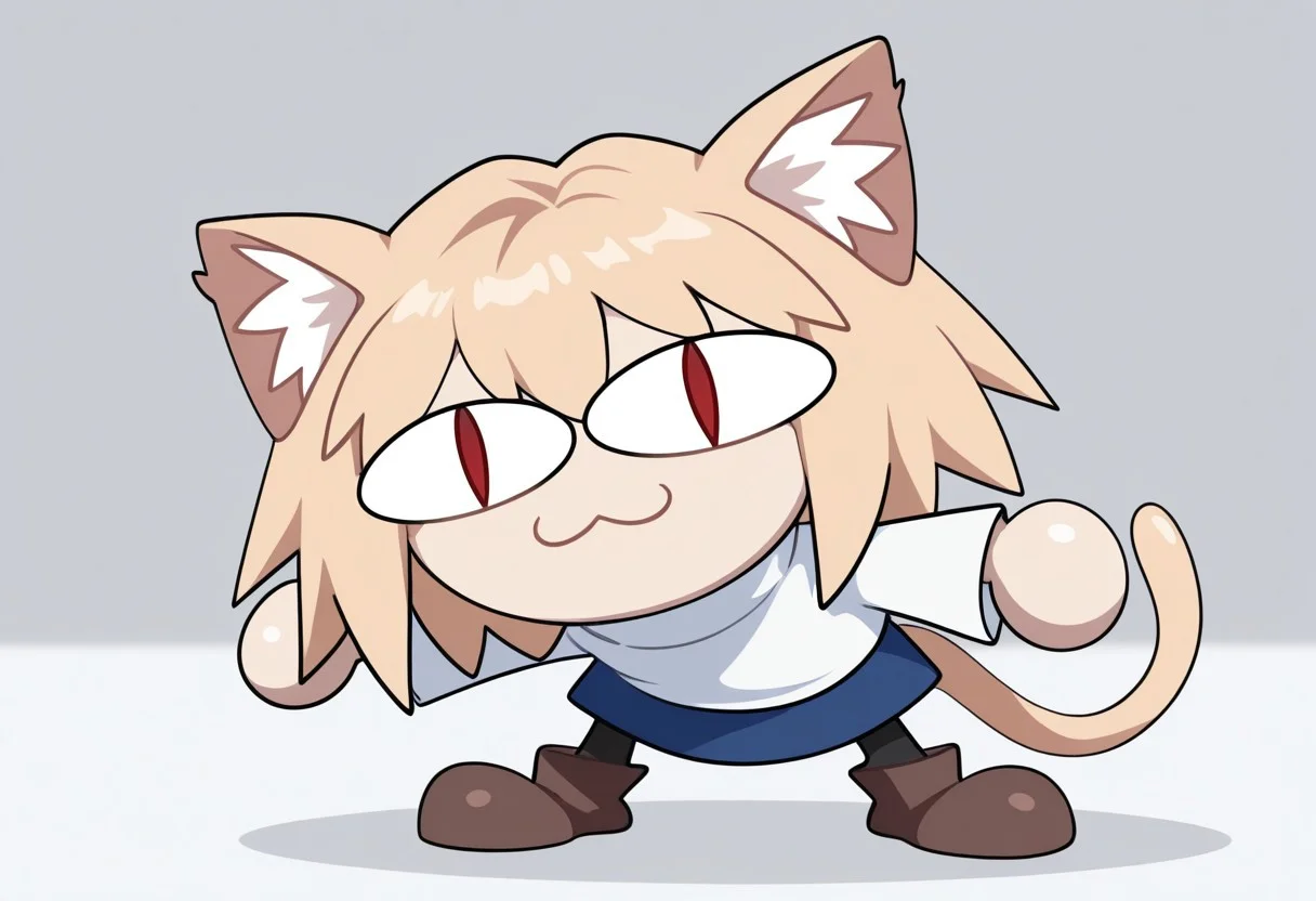 masterpiece, best quality, solo, full body, no humans, neco-arc, chibi, :3, blonde hair, cat_humanoid, cat ears, cat tail, slit pupils, red eyes, white shirt, black pantyhose, white ear fluff, blue skirt, brown boots