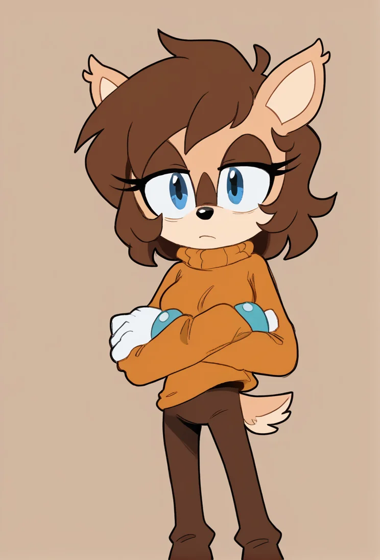 score_9,score_8_up,score_7_up, <lora:bumpsage2:1>, 1girl, bump the deer, brown hair, deer tail, deer ears, blue eyes, happy, looking at viewer, bored, exhausted, sleeves past wrists, crossed arms, standing, medium breasts, two-tone fur, yellow fur, beige fur, slim, petite, slender, jaggy lines, monochrome, sketch <lora:fuckwolfamy_Style:1> ,fwamono, outlines, aqua bracelet, white gloves, orange sweater, turtleneck, brown pants