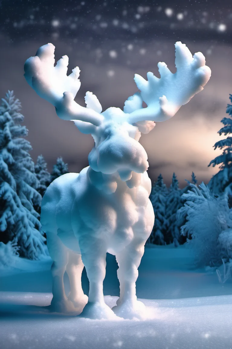 <lora:Aether_Snow_v1_SDXL_LoRA:1.0> photo of an moose made of snow, cinematic night