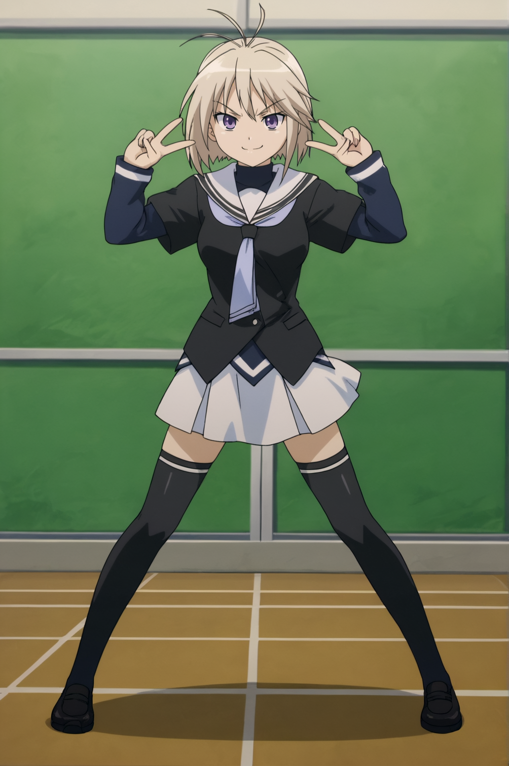 score_9, score_8_up, score_7_up,anime_source, source_anime, best background, detailed background, anime screencap,  Mikoto, 1girl,school uniform, skirt, solo, thighhighs, victory fingers, smug, v fingers, legs apart, indoors, <lora:JN_Mikoto_Kondo:0.8>