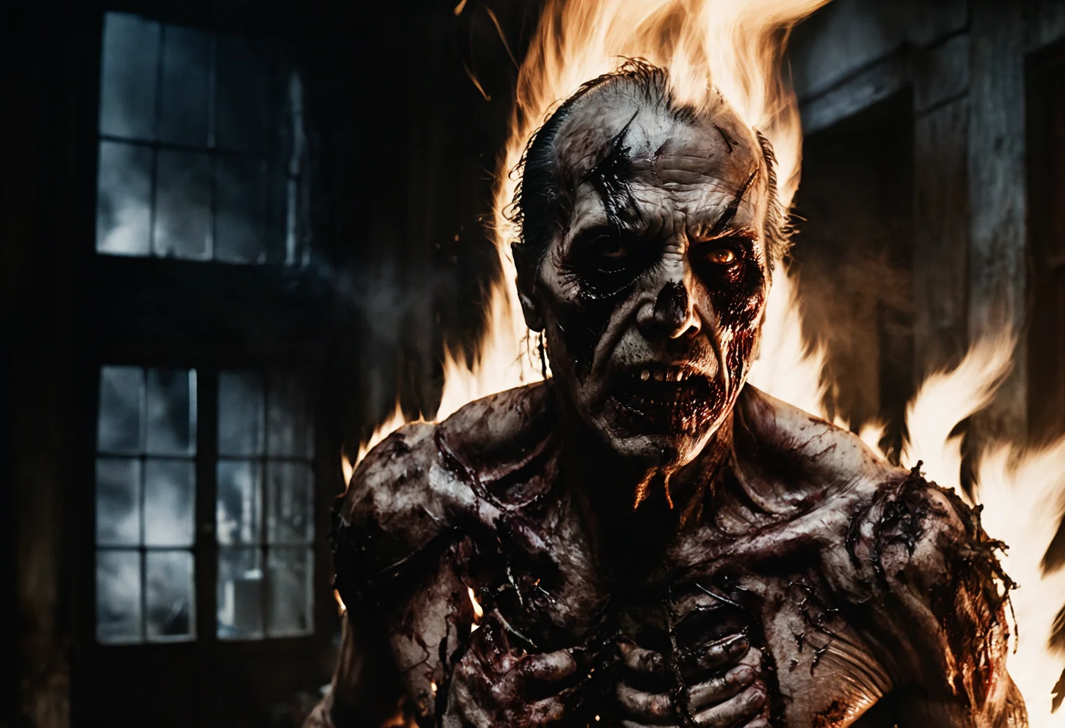 Horror-themed cinematic film still a singed scary man with fire bursting out of him, dark colors, sinister atmosphere, dramatic lighting, cinematic, establishing shot, extremely high detail, photo realistic, cinematic lighting, pen and ink, intricate line drawings, by Yoshitaka Amano, Kentaro Miura, Artgerm, post processed, concept art, artstation, matte painting, style by eddie mendoza, raphael lacoste, alex ross high budget, bokeh, cinemascope, moody, epic, gorgeous, film grain, grainy . Eerie, unsettling, dark, spooky, suspenseful, grim, highly detailed