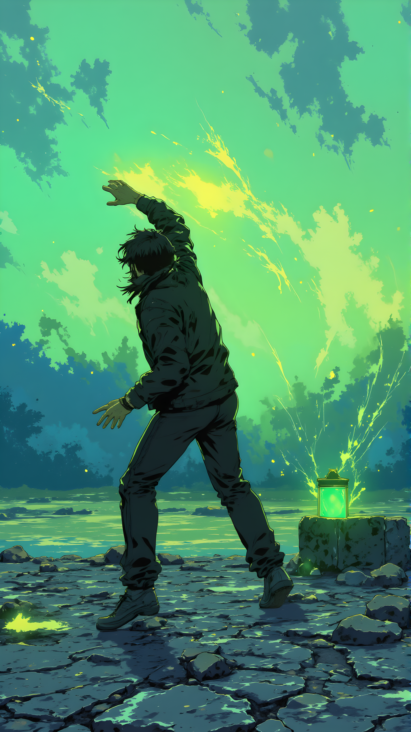 A vibrant and dynamic painting of a figure in motion. The person appears to be running or lunging forward, with one arm extended upwards as if reaching for something. They are dressed in dark clothing, which contrasts sharply with the bright, swirling green and yellow background. The background has an almost ethereal quality, with streaks of color that suggest movement and energy. The ground beneath the figure is depicted in shades of blue and green, with some areas appearing wet or reflective, adding to the sense of depth and atmosphere. In the lower right corner, there is a glowing green object that resembles a lantern or a light source, contributing to the overall mystical and otherworldly feel of the scene. The painting style is expressive and fluid, with bold brushstrokes that enhance the sense of action and emotion.
j_art, anime, anime art, <lora:FLUX\jul\J_Anime:0.8>, <lora:FLUX\RealAnime:0.8>
