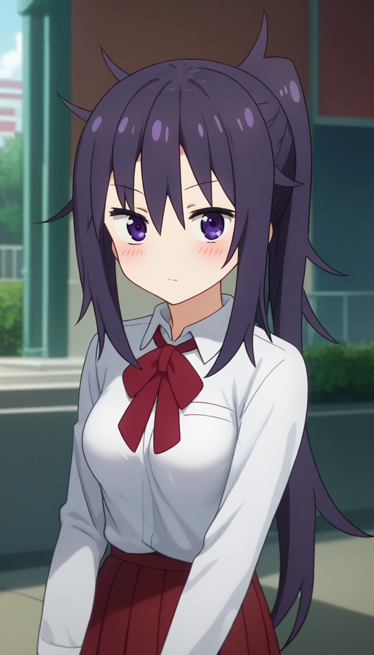 score_9,score_8_up,masterpiece,best quality,correct anatomy,anime_source,1girl,solo,perfect eyes,perfect arms,perfect legs,perfect face,outdoors,upper body,(portrait:1.5),looking at viewer,facing viewer,dazed,blush,Motoba Kirie,purple hair,messy long hair,ponytail,sidelocks,hair between eyes,bangs,purple eyes,school uniform,white shirt,collared shirt,dress shirt,red bowtie,neck ribbon,red ribbon,long sleeves,medium breasts,shirt tucked in,miniskirt,red skirt,pleated skirt,thighs,black pantyhose,loafers,brown footwear,<lora:Motoba Kirie(huc)-Pony:1.8>,