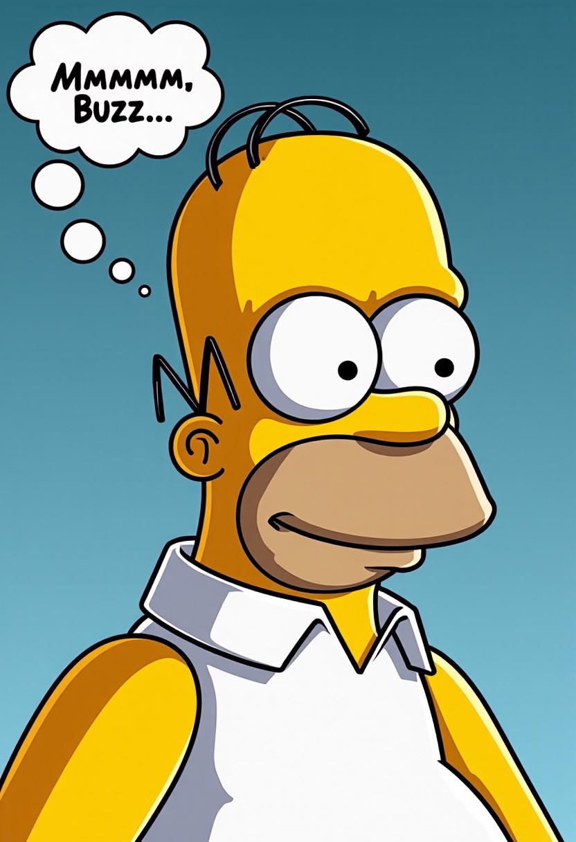 Smiling dreaming Homer Simpson, comic bubble "Mmmmm, Buzzzz"
