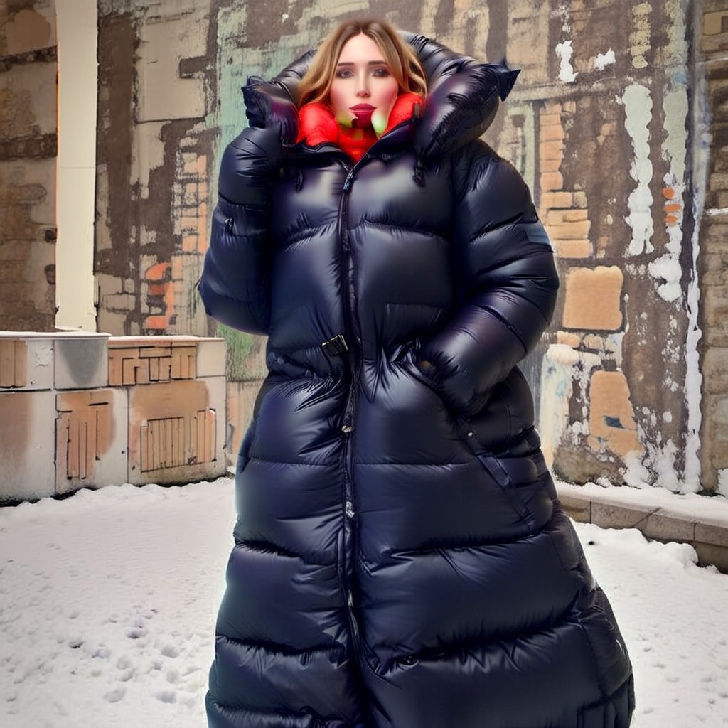 hyper realistic front very cute  stuning european blond very curvy women wearing a red((extra_puffy_adjusted_long_strait_full_closed_coat))  ((ultra_long_coat))((extra_puffy_hood)) ((fully_down_hooded)) ((very_high_down_collar)) ((down_glove)) ((down_puffer_boots)) 
,slim downcoat,closed coat,
long_legs, long_sleeves,  dress, high_strait_neckbrace, medical_neckbrace, lips, hand_fan, dress, city, street, winter, snow, walking, daytime, sun, sunlight,realistic_up_hood
<lora:Puffer_Jacket_and_Down_Jacket_-_Extra_Puffy_Jackets:0.9>
 <lora:VictorianBustleDress:0.6><Lora:Parkasite-XL:1.0
