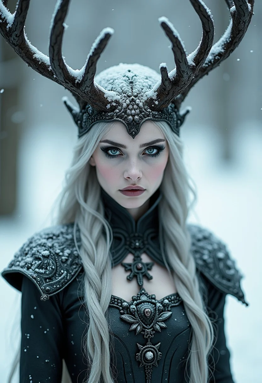 The image portrays a photorealistic, ethereal figure that blends elements of nature and fantasy, embodying the essence of a winter deity or forest spirit. The central figure is a woman with pale, almost ice-like skin, her face striking and defined by sharp, otherworldly beauty. Her eyes are dark and haunting, accentuated by black makeup that creates a stark contrast to her frosty complexion. Her expression is calm yet powerful, exuding a commanding presence.
She wears a regal, intricately designed gown, adorned with frosted patterns and icicles, as though her attire is woven from the very essence of snow and ice. The fabric of her garment seems to blend seamlessly into the swirling snow around her, giving the impression that she is part of the winter storm. Her chest is highlighted by an elaborate, darkened emblem or symbol, adding to her mystical aura.The most striking feature is the large, dark, tree-like antlers that grow from her head, coated in snow and frost, further connecting her to nature and the wilderness. These antlers give her a majestic, almost animalistic quality, as if she is the embodiment of winter itself. Snow swirls around her, with branches and ice shards blending into the stormy background, enhancing the cold, wintry atmosphere. The dark, stormy ambiance adds to the sense of her being a powerful, elemental force..(8k, RAW photo, best quality, ultra high res, depth of field:1.1), (absurdres, intricate, photorealistic, masterpiece, ultra-detailed)