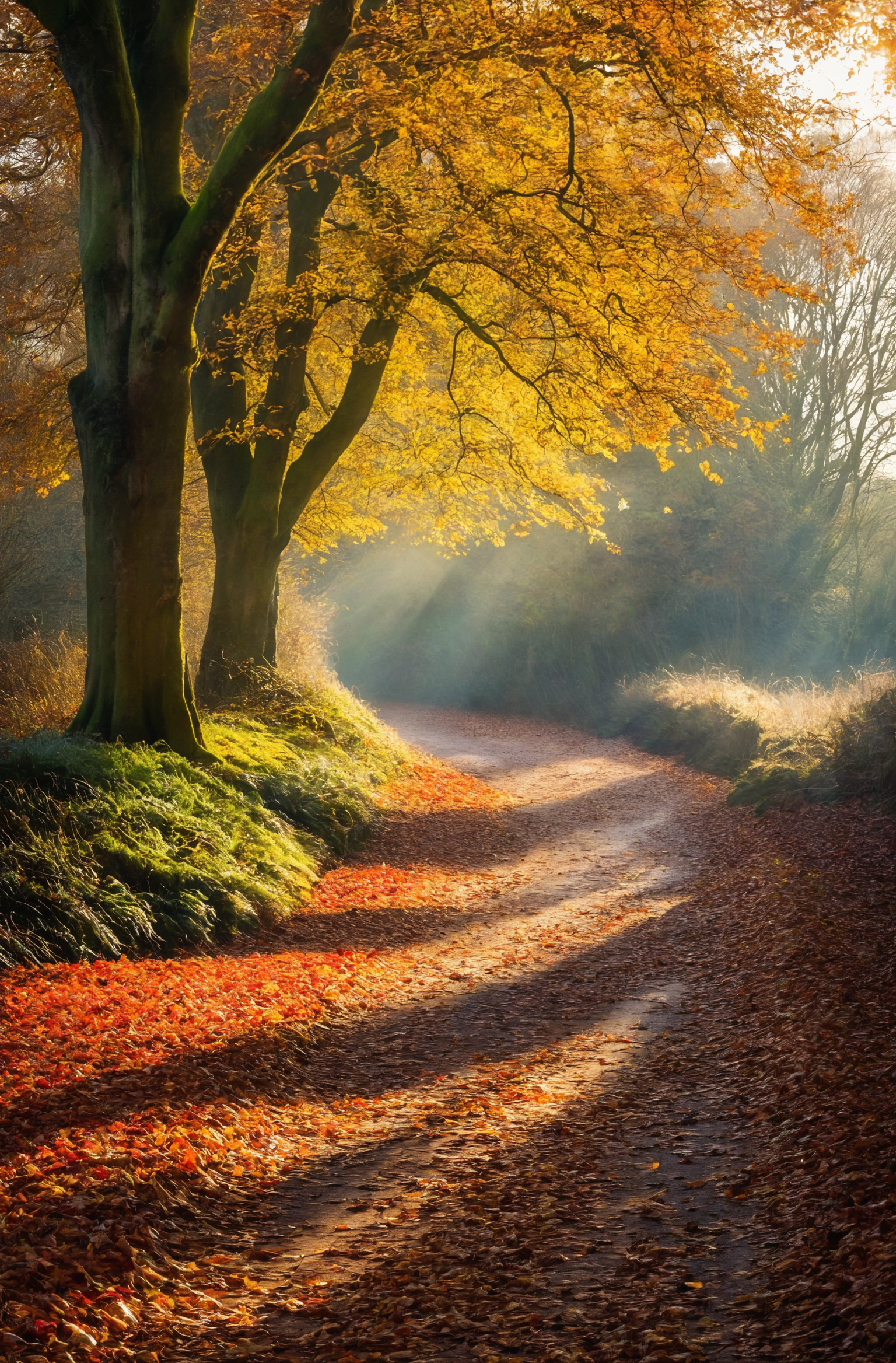 photograph, a path in the woods with leaves  and the sun shining , by Julian Allen, dramatic autumn landscape, ears, park, take off, peace, rich cold moody colours, hi resolution, oaks