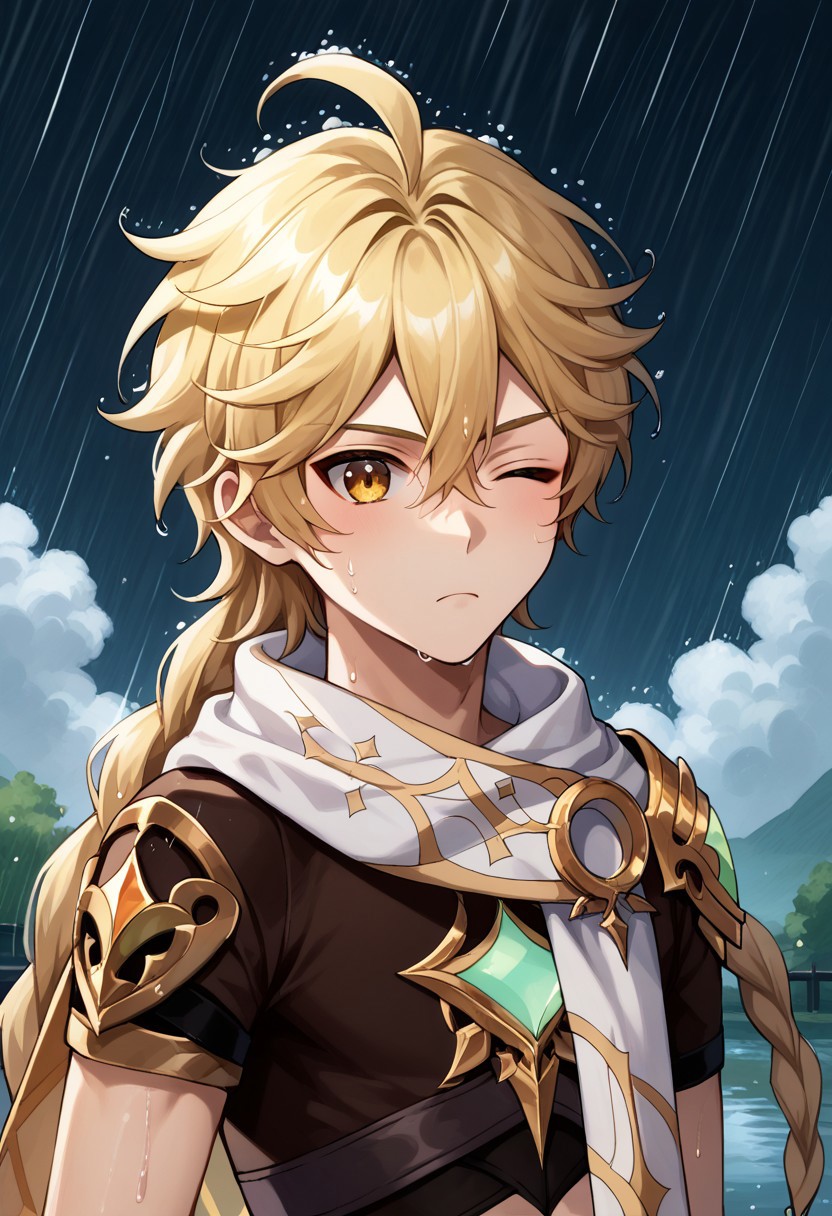score_9, score_8_up, score_7_up, source_anime, highly detailed, 
traveler, 1boy, male focus, solo, blonde hair, long hair, bangs, hair between eyes, braid, single braid, ahoge, yellow eyes, jewelry, single earring, shoulder armor, scarf, white scarf, slender, skinny,
upper body, one eye closed, rain, wet hair, frown, wet, outdoor, wood, sky, clouds, rain,