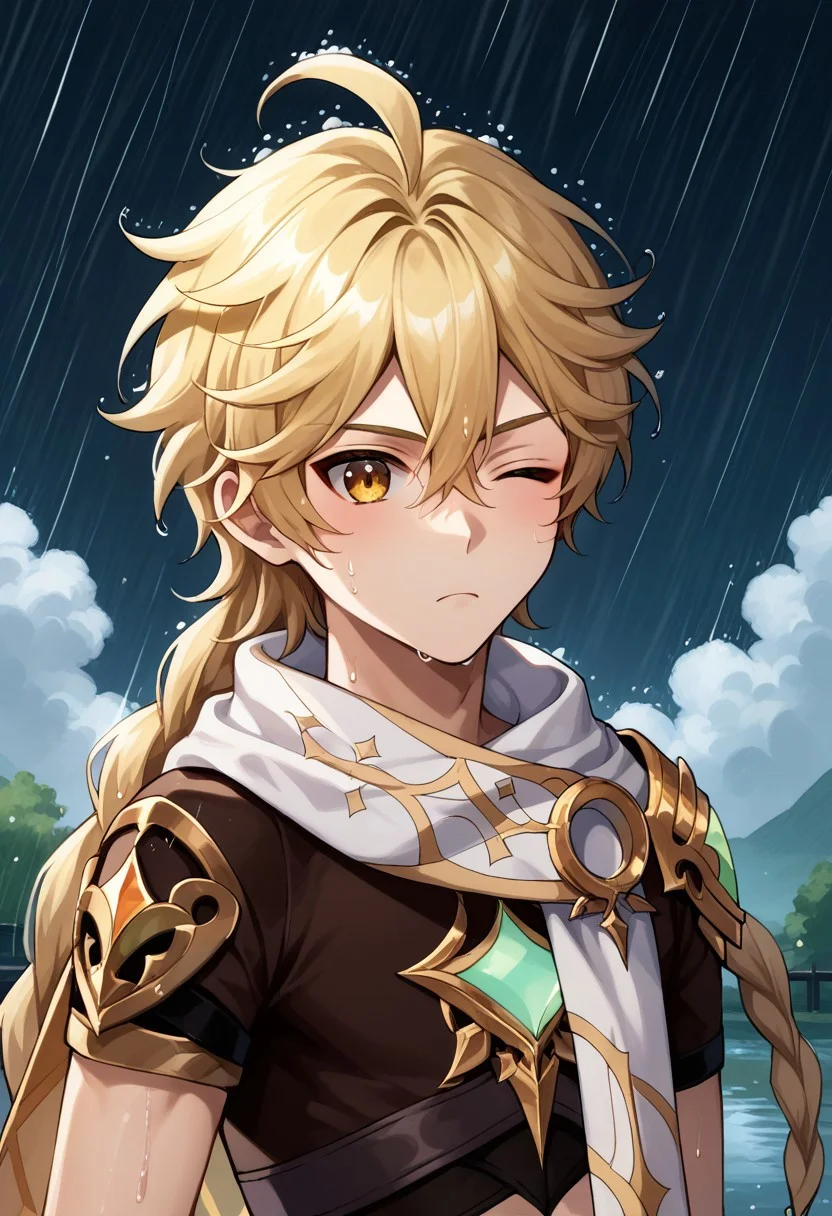 score_9, score_8_up, score_7_up, source_anime, highly detailed,
traveler, 1boy, male focus, solo, blonde hair, long hair, bangs, hair between eyes, braid, single braid, ahoge, yellow eyes, jewelry, single earring, shoulder armor, scarf, white scarf, slender, skinny,
upper body, one eye closed, rain, wet hair, frown, wet, outdoor, wood, sky, clouds, rain,