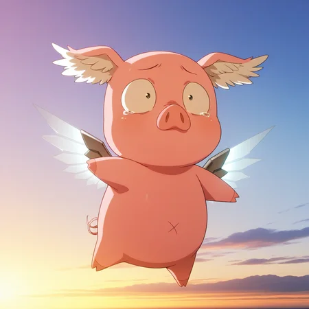 deep contrast, luminous lighting, cinematic ambiance, best quality, colorful, masterpiece, detailed_background, BREAK, <lora:haruhi-v2:0.9> awavatarh, 1boy, pig, animal, no humans, no hands, head wings, alternate_wings, mini_mechanical wings, dynamic pose, scared, tears, outdoors, no mouth, feathered wings,