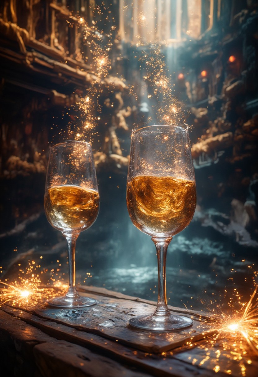 wingardium leviossa, two glasses at the table, sparkling, hall of hogwarts decorated for the new year, glass in weightlessness, sparklers around champagne glass, hyper-realism, hyper-detail, surreal, colorful, art nouveau, octane rendering, masterpiece, ultra realistic, professional photoshoot, aidmaimageupgrader