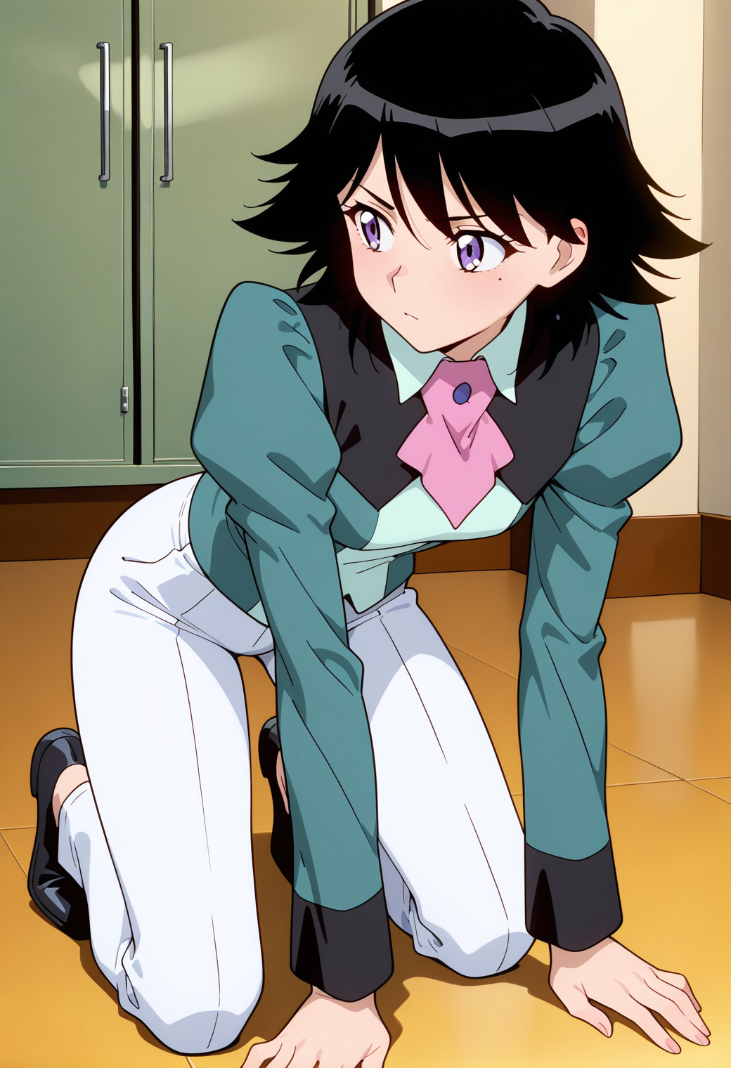 masterpiece, best quality, very aesthetic, absurdres, 1girl, solo,
<lora:shinozaki_ai_v01:0.8>, shinozaki_ai, ai_casual, black hair, short hair, purple eyes,
green uniform, long sleeves, juliet sleeves, pink ascot, white pants, black footwear, posing