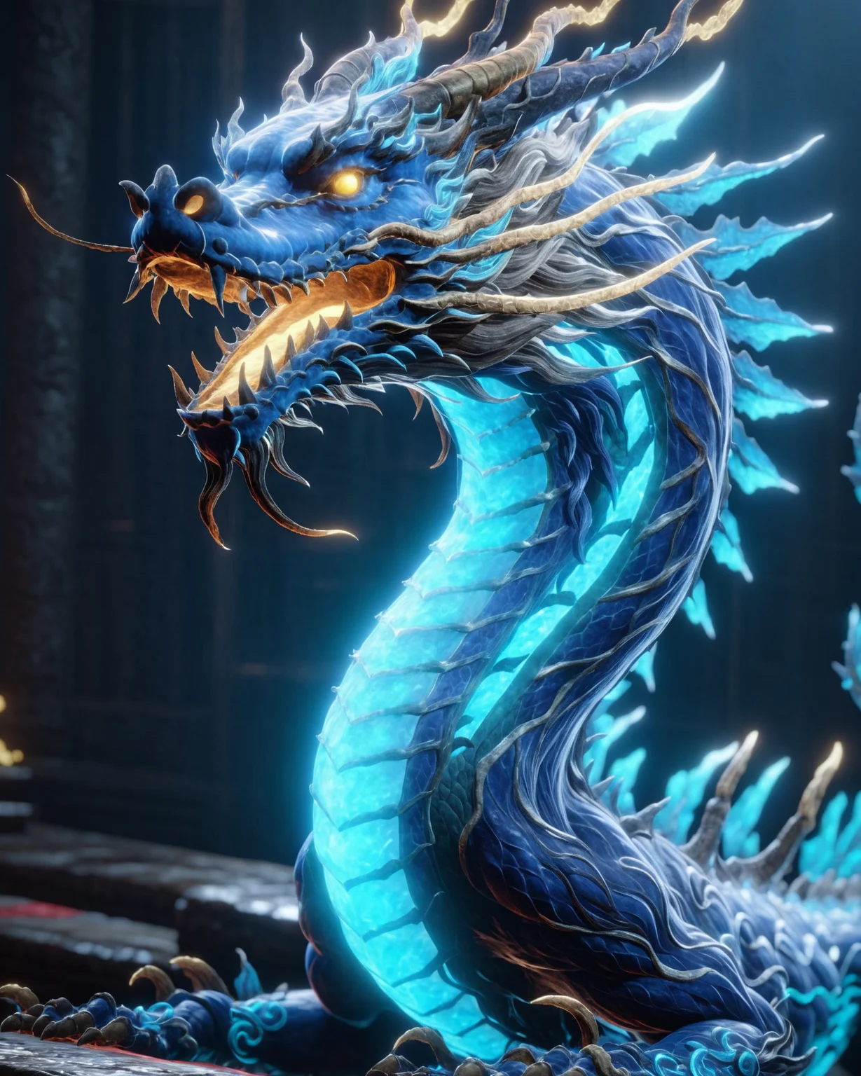 niohxlguardiansprt,azurite chinese dragon,serious look,no jokes,gigantic,epic,cinematic,128k uhd, <lora:niohxlguardiansprt:1>,raw photo,masterpiece,awardwinning,trending on artstation,intricate details,official art,wallpaper art,maybe album cover?,whatever make this image aesthetic and good looking...........