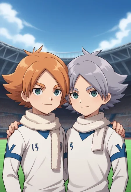 score_9, score_8_up, source_anime, highly detailed, 2boys, male_focus, slender, skinny, upper body,
aiden, 1boy, male focus, scarf, sportswear, orange hair, white scarf, soccer uniform, long sleeves, white shirt,
fubuki2, 1boy, male focus, 1boy, grey hair, soccer uniform, long sleeves, white shirt
outdoor, soccer field, smile, hands on shoulders, siblings, brothers,