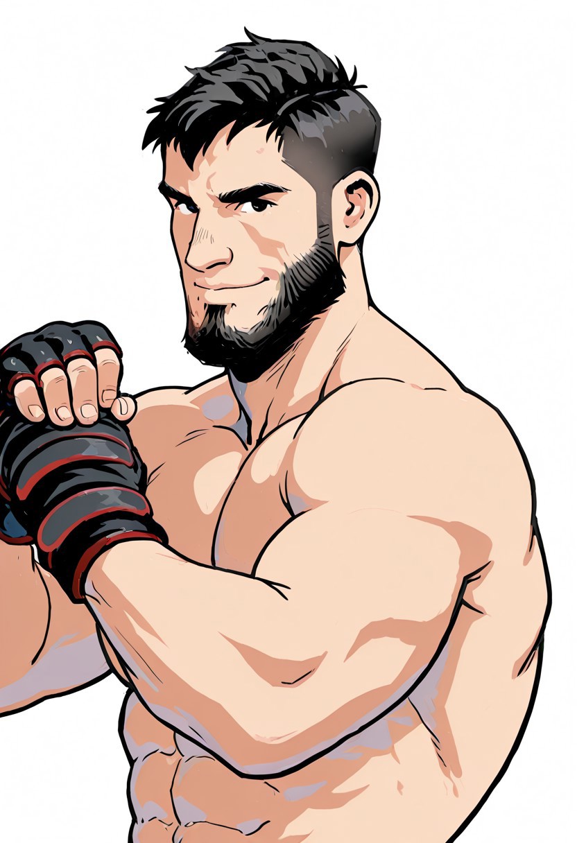 masterpiece, amazing quality, best quality, high quality, perfect quality, detailed lineart, digital drawing, 2D style, 2D, intrincated details, well-balanced features, absurdres, newest, 1boy, solo, male only, male focus, mature male, masculine, manly, hunk, daddy, bara, DeniOC, black hair, black eyes, smile, facial hair, beard, muscular, topless male, large pectorals, fingerless gloves, pose, flexing, looking at viewer, simple background, upper body,