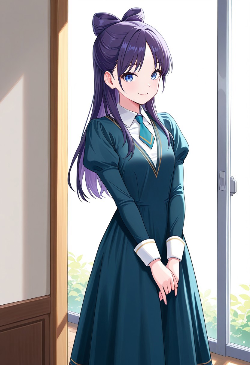 (absurdres, best quality, masterpiece:1.4), amazing quality, highres, newest, detailed, detailed body, detailed face, beautiful, petite, 
BREAK
WWNemu, 1girl, solo, standing, smile, NemuMang, manga illustration, dark purple hair, bow-shaped hair, parted bangs, half updo, blue eyes,  v-neck dress, white inner collared shirt, Short necktie, juliet sleeves, long skirt