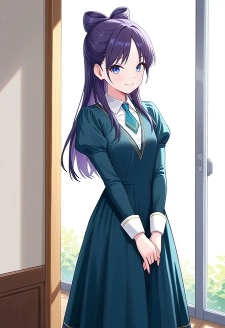 (absurdres, best quality, masterpiece:1.4), amazing quality, highres, newest, detailed, detailed body, detailed face, beautiful, petite,
BREAK
WWNemu, 1girl, solo, standing, smile, NemuMang, manga illustration, dark purple hair, bow-shaped hair, parted bangs, half updo, blue eyes, v-neck dress, white inner collared shirt, Short necktie, juliet sleeves, long skirt