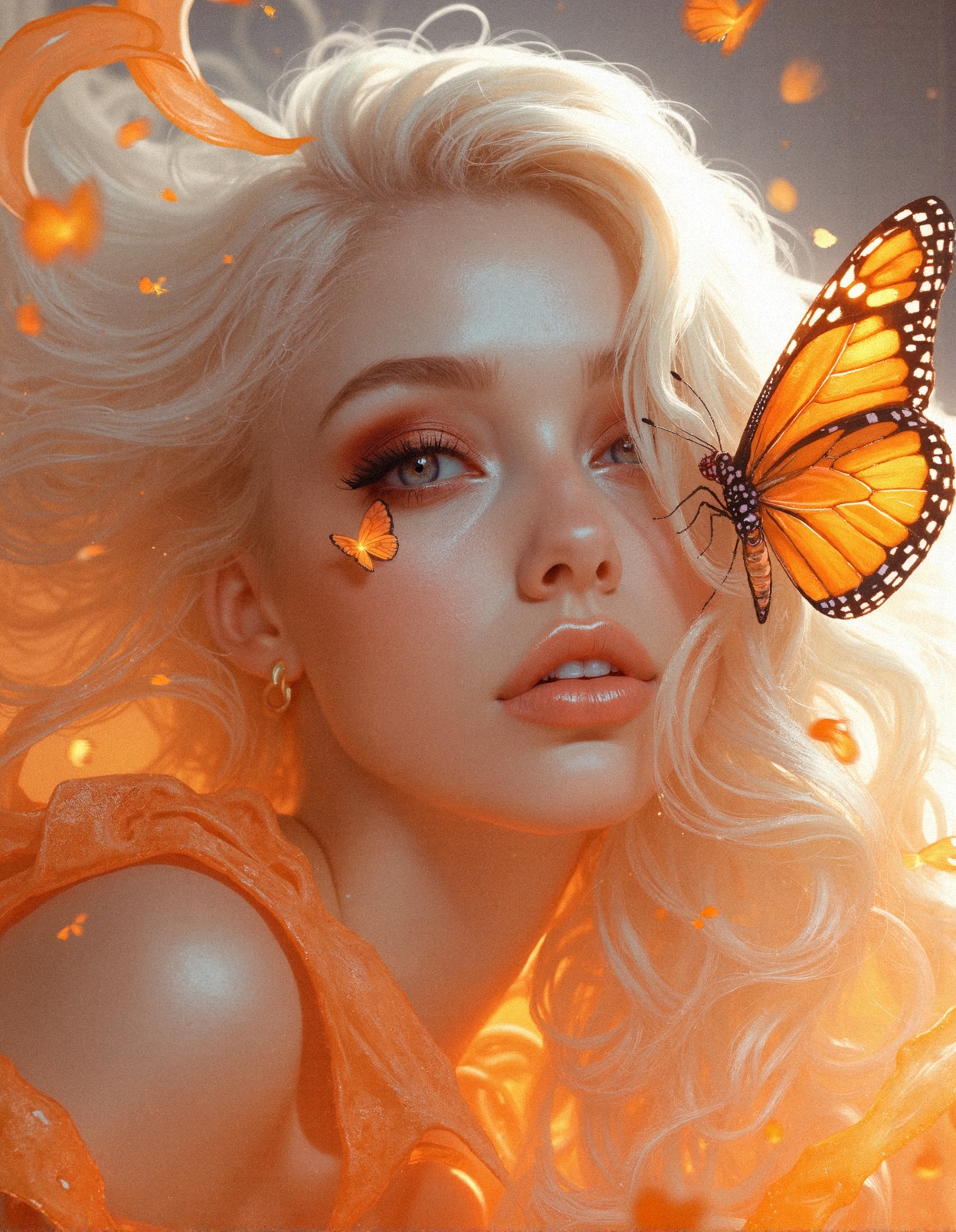 A breathtaking hyper-realistic portrait of a celestial beauty with striking ice-blue eyes framed by bold, fiery orange eyeshadow that seamlessly blends into her flawless porcelain skin, her gaze radiant and mesmerizing. Her long, flowing platinum-white hair swirls elegantly around her, appearing weightless, infused with a glowing ethereal aura that mirrors the warm, luminous background. Her luscious, full lips are painted in a perfect shade of glossy orange, reflecting light like liquid fire. A delicate monarch butterfly, its golden wings detailed with intricate black and purple patterns, gently rests near her face, its iridescent texture captured in exquisite micro-detail. The entire composition is bathed in a surreal orange glow, an explosion of vibrancy that contrasts harmoniously with her cool-toned icy features. The lighting enhances every subtle contour of her face, highlighting each fine strand of her hair, the feathery precision of her eyelashes, and the soft gradient of her meticulously applied makeup. The background swirls in an abstract, painterly fashion, creating a fusion of realism and dreamlike fantasy that immerses the viewer in a world of opulent beauty and high-fashion surrealism.
 <lora:FluxDFaeTasticDetails:0.3> <lora:MoriiMee_Gothic_Niji_Style_FLUX:0.45> <lora:realism_lora_comfy_flux_converted:0.7000000000000001>