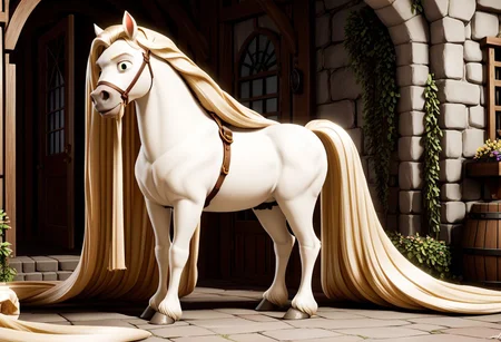 Score_9, score_8_up, score_7_up, original style, 3d disney anime, Maximus the white horse, solo, (A full body image of a horse with an endlessly long white Rapunzel-Style mane), (absurdly long white Rapunzel-Style mane:1.4), (meters of hair without end:1.2)