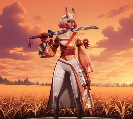 GLSHS,delicate colors,partially illuminated, highly detailed, high quality, masterpiece, absurdres, very awa, golden hour, orange theme, sunset, field, grass, holding a katana sword over shoulder, fortniterestorednightrose, 1girl, short hair, long hair, bob cut, pink hair, red hair, white hair, multicolored hair, two-tone hair, hair between eyes, yellow eyes, red eyes, white eyes, black sclera, colored sclera, black eyes, makeup, smile, closed mouth, mole, two moles, mole under mouth, moles under mouth, two moles under mouth, horns, oni horns, armor, japanese armor, bare shoulders, off shoulder, wide sleeves, long sleeves, kimono, sarashi, sash, obi, gloves, red gloves, rope, shimenawa, white pants, colored skin, white skin, red skin, white boots <lora:GLSHS-IL:0.8>, <lora:Fortnite_The_Night_Rose_All_Outfits_ILXL:1>