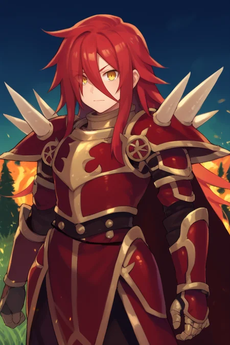 score_9, score_8_up, score_7_up, score_6_up, source_anime, BREAK, <lora:Gulcasa-000012:0.5> , guldef, (1boy), red hair, long hair, hair between eyes, yellow eyes, (armor), spikes, shoulder armor, shoulder spikes, cape, red cape, pauldrons, gauntlets, (cowboy shot), looking at viewer, (smile), closed mouth, happy, hair over one eye, fiery aura, <lora:detailed_backgrounds_v2:0.7> , masterpiece, best quality, very aesthetic, absurdres, forest, outdoors, grass, nature, blue sky,  <lora:MeyekePonyXL:0.8>