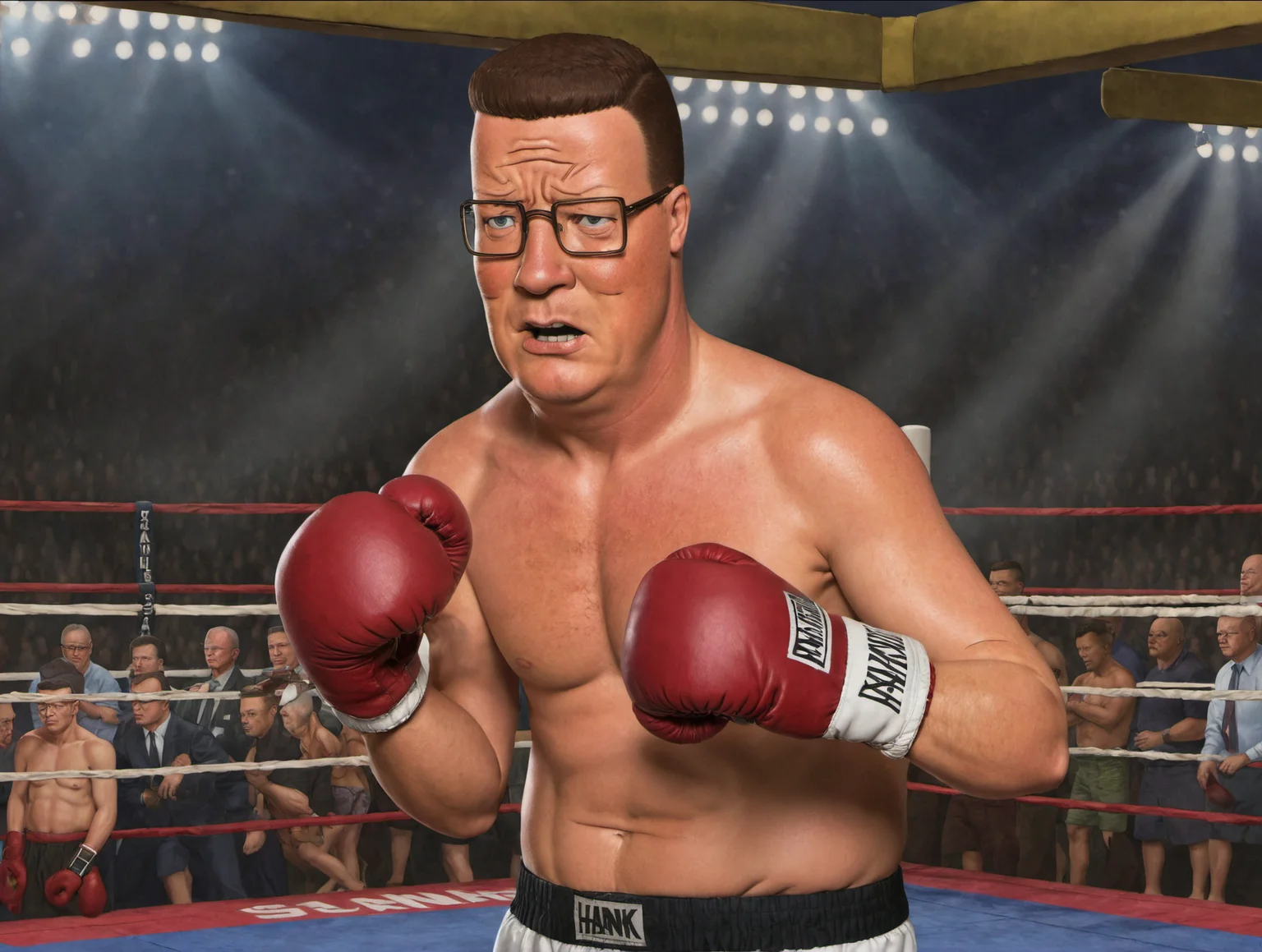 (masterpiece, best quality, high quality:1.3),highres,photo,realistic,
hank hill,solo,boxer,topless,boxing gloves,boxing ring,fighting stance <lora:Hank_Hill:0.8>