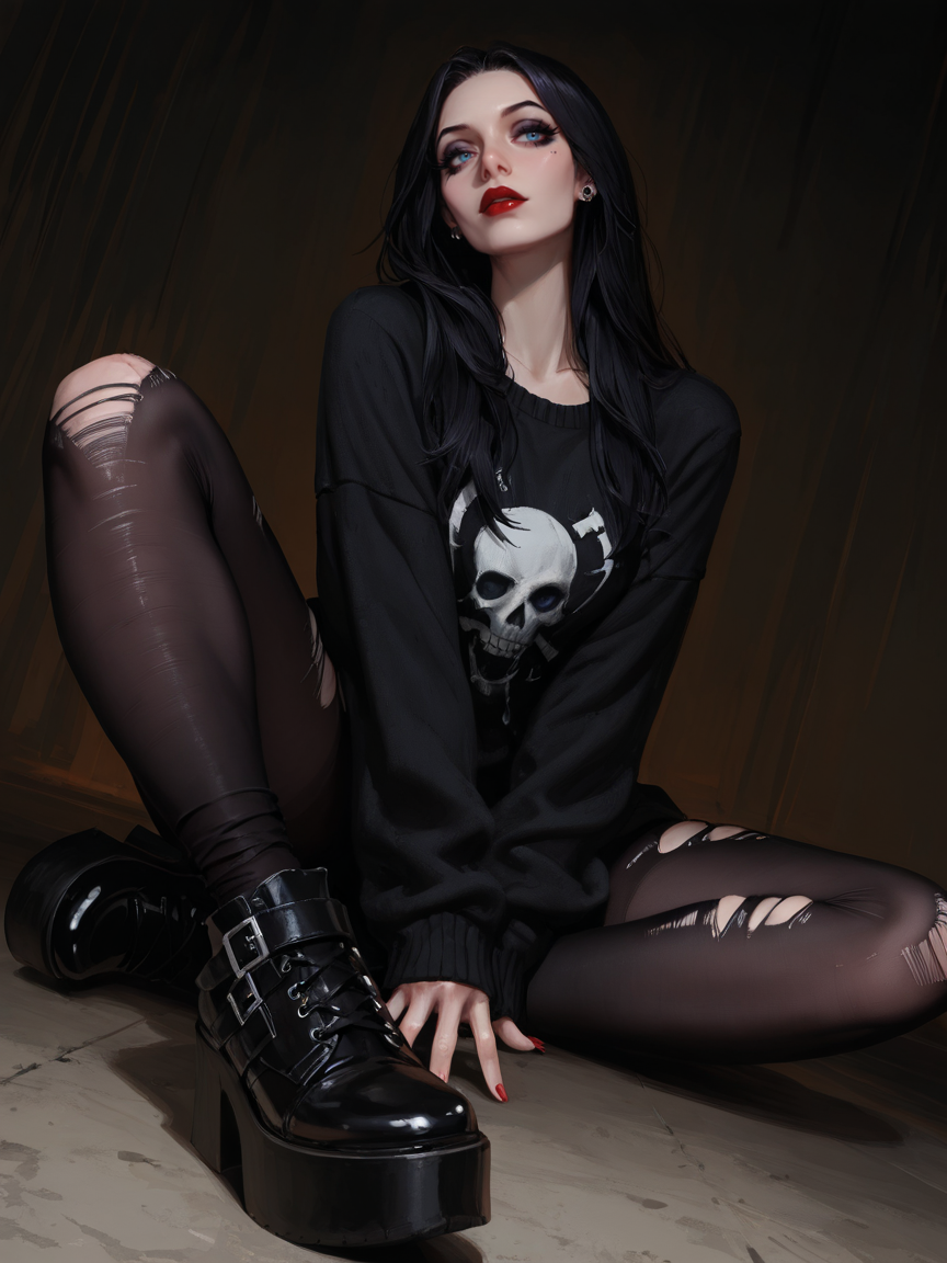 masterpiece, best_quality, amazing quality, newest, add detail+, no lineart, sharp focus, real skin, high contrast, photorealistic, deep focus, high contrast, dynamic composition, dynamic angle,
1 woman, emo wearing a dark purple oversized sweater with punk accents, ripped leggings with grunge look, platform shoes, dark red lipstick, smoky eyeshadow, heavy eyeliner, emo hair clips,labret piercings, dynamic pose, long hair, black hair, blue eyes, red lips, eyeshadow, makeup,
 <lora:Morticia iIlluLoRA:1> morticiadg