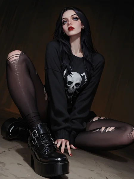 masterpiece, best_quality, amazing quality, newest, add detail+, no lineart, sharp focus, real skin, high contrast, photorealistic, deep focus, high contrast, dynamic composition, dynamic angle,
1 woman, emo wearing a dark purple oversized sweater with punk accents, ripped leggings with grunge look, platform shoes, dark red lipstick, smoky eyeshadow, heavy eyeliner, emo hair clips,labret piercings, dynamic pose, long hair, black hair, blue eyes, red lips, eyeshadow, makeup,
<lora:Morticia iIlluLoRA:1> morticiadg
