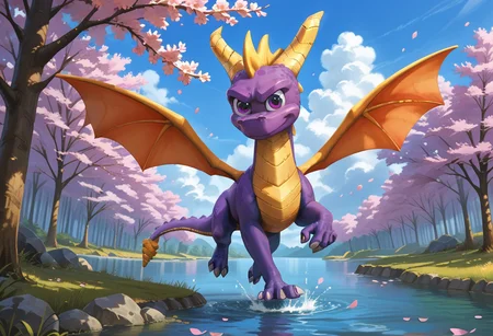 score_9, score_8_up, score_7_up, score_6_up, score_5_up, score_4_up, solo, rating_safe, 
solo, dragon, horns, purple eyes, wings, claws, shading, cinematic lighting, forest background, falling cherry blossoms, cherry blossom trees, river stream, blue sky, clouds, ultra detailed, masterpiece, HD