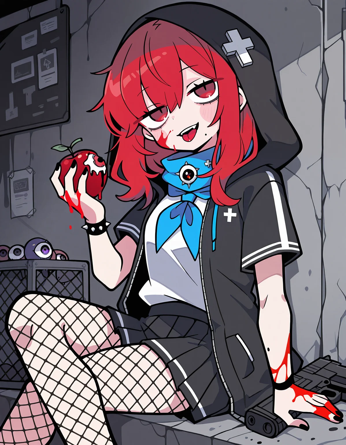 masterpiece, best quality, newest, highres, absurdres, <lora:terad4_style:1>, terad4_illu,shirt, gun, mole under mouth, holding fruit, black jacket, blood on hands, holding cup, fishnet pantyhose, eyeball, solo, tongue, blue neckerchief, cross, hood, red hair, bangs, blood on face, black nails, short sleeves
