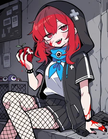 masterpiece, best quality, newest, highres, absurdres, <lora:terad4_style:1>, terad4_illu,shirt, gun, mole under mouth, holding fruit, black jacket, blood on hands, holding cup, fishnet pantyhose, eyeball, solo, tongue, blue neckerchief, cross, hood, red hair, bangs, blood on face, black nails, short sleeves