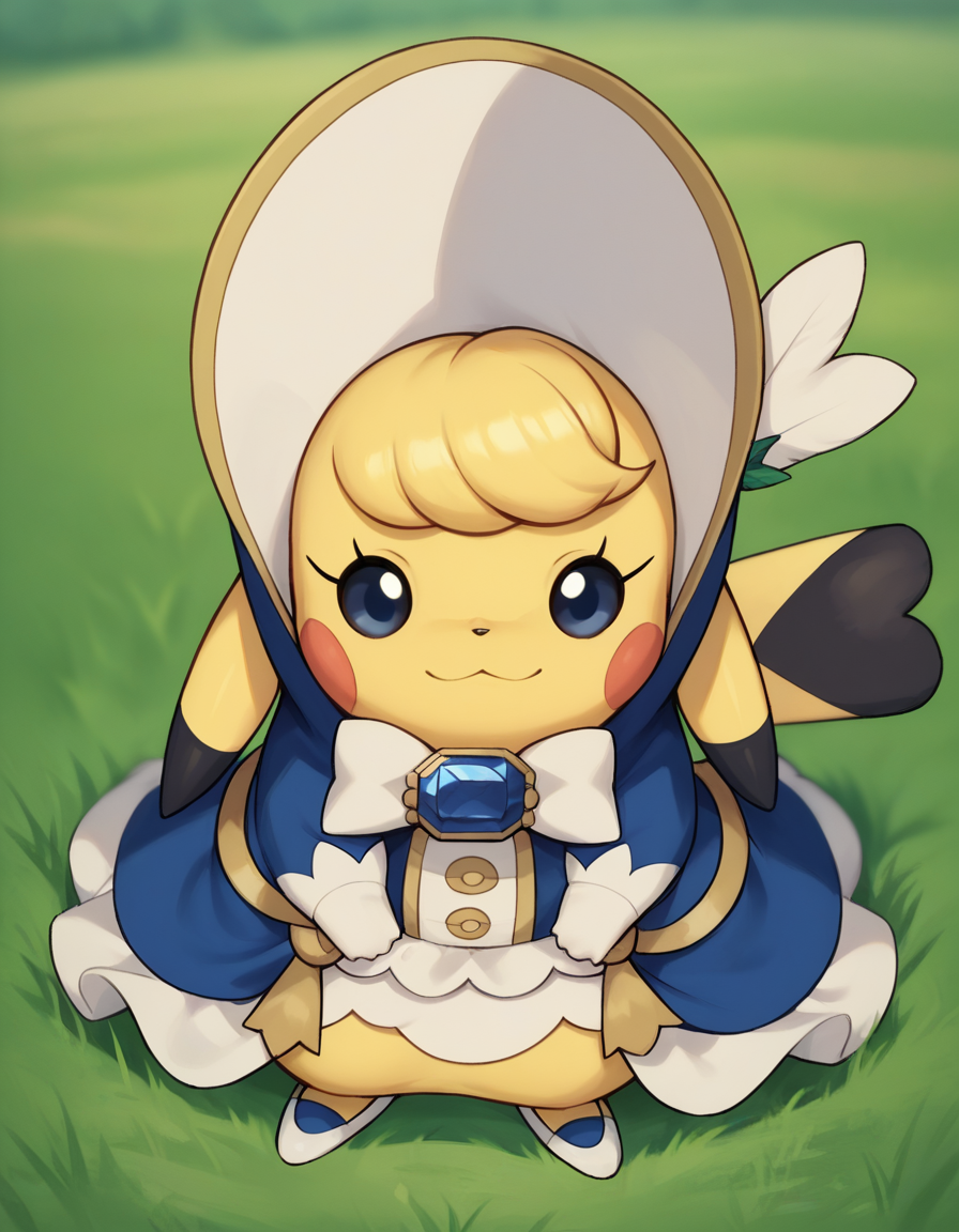 score_9, score_8_up, score_7_up, score_6_up, score_5_up, score_4_up, 1girl, solo, no humans,
clothed pokemon, furry, feral, light smile, looking at viewer, full body, Confident, Eyes that meet the viewer directly, a slight smile, and a relaxed posture.,
blurry background, grass, bellechu, blue dress, blue chest jewel, bonnet, hat feather, ribbon, bow, ears down, white gloves, white trim, frilled dress, white footwear, <lora:Cosplaychu v3:0.8> cosplay pikachu, pokemon \(creature\), yellow hair, (curly bangs), blue eyes, eyelashes, (black-tipped tail)
