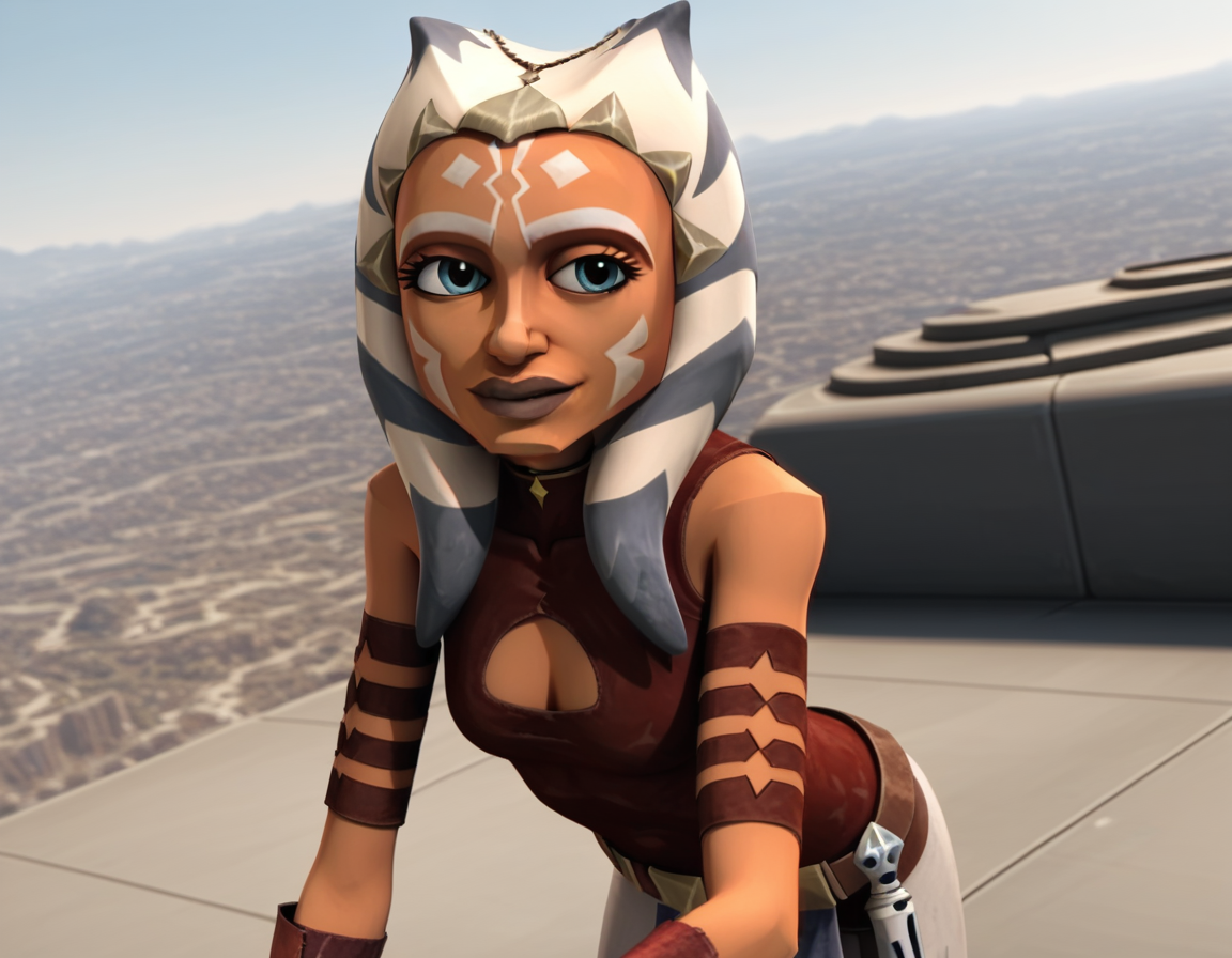 score_9, score_8_up, score_7_up, source_anime, <lora:clonewars-ahsoka-tano-ponyxl-lora-nochekaiser:1>, ahsoka tano, long hair, blue eyes, lips, colored skin, facial mark, tentacle hair, alien, orange skin, 3d, realistic,, gloves, bare shoulders, belt, sword, fingerless gloves, clothing cutout, tattoo, cleavage cutout,, outdoors, bent over, smile, looking at viewer, solo,, cowboy shot, dutch angle