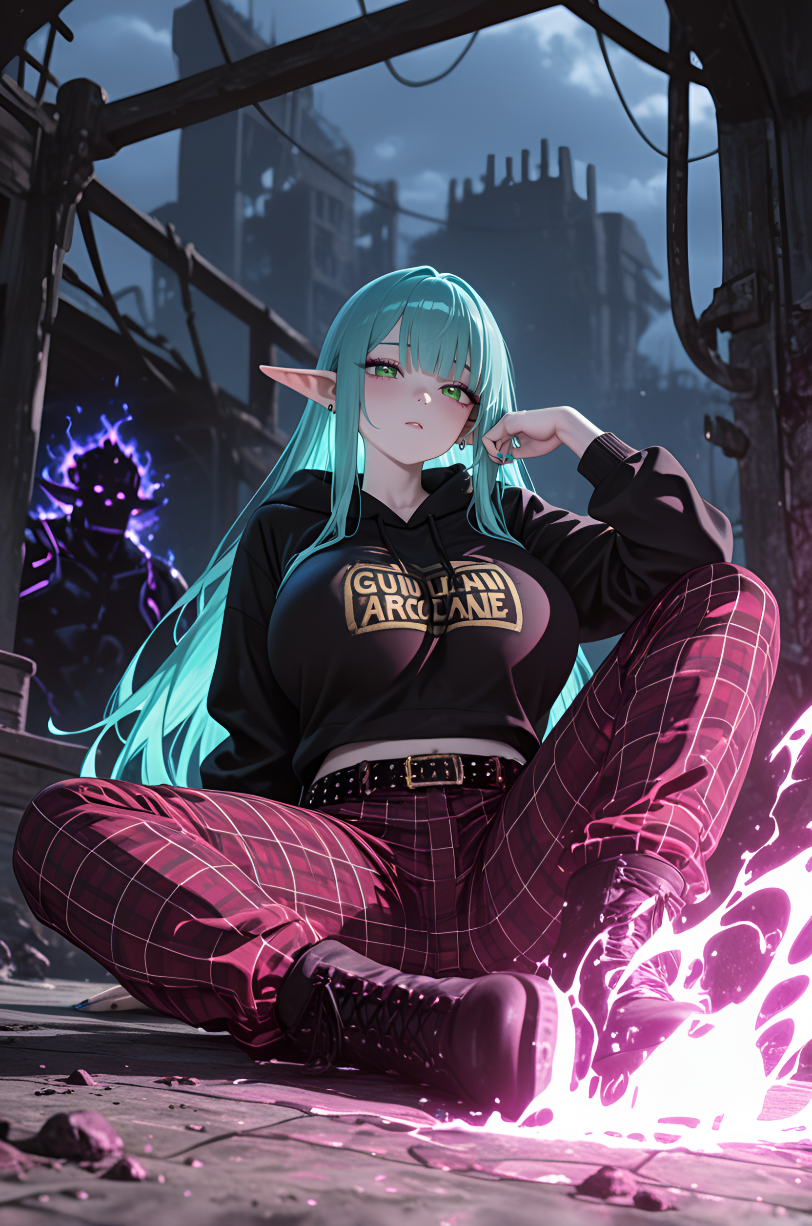 anime character, newest, barefoot, Marin Kitagawa, tartan pants, absolutely eye-catching, Dwarven Anvil, long hair, ambient occlusion, ultra-detailed, masterpiece, abandoned particle accelerator ring., Sitting with feet flat on floor, slime_(creature), amazing quality, motion_lines:1.1, giant warhammer radiating heat, 8K, combat boots, cloudy, HDR, pale skin, Dawn, 1girl, nail_polish, 2boys, best quality, Neon Charcoal Theme, Over-the-shoulder shot, depth of field, pointed_ears, harsh lighting, studded belt, huge breasts, Cerulean aqua hair, Band hoodie, Gunslinger (Arcane), motion_blur:1.1, absurdres, Hime-cut, very aesthetic, blurry foreground, Interior of a gigantic, magic glowing aura, tattoos