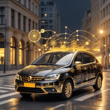 ampereart modern black car covered with golden electrical diagrams, on a city street, professional light and atmosphere, very realistic <lora:ampereart:0.9>